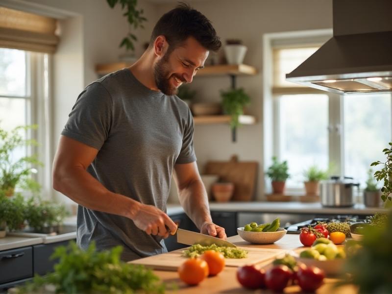 Mujer en forma practicando yoga en la cocina con alimentos saludables